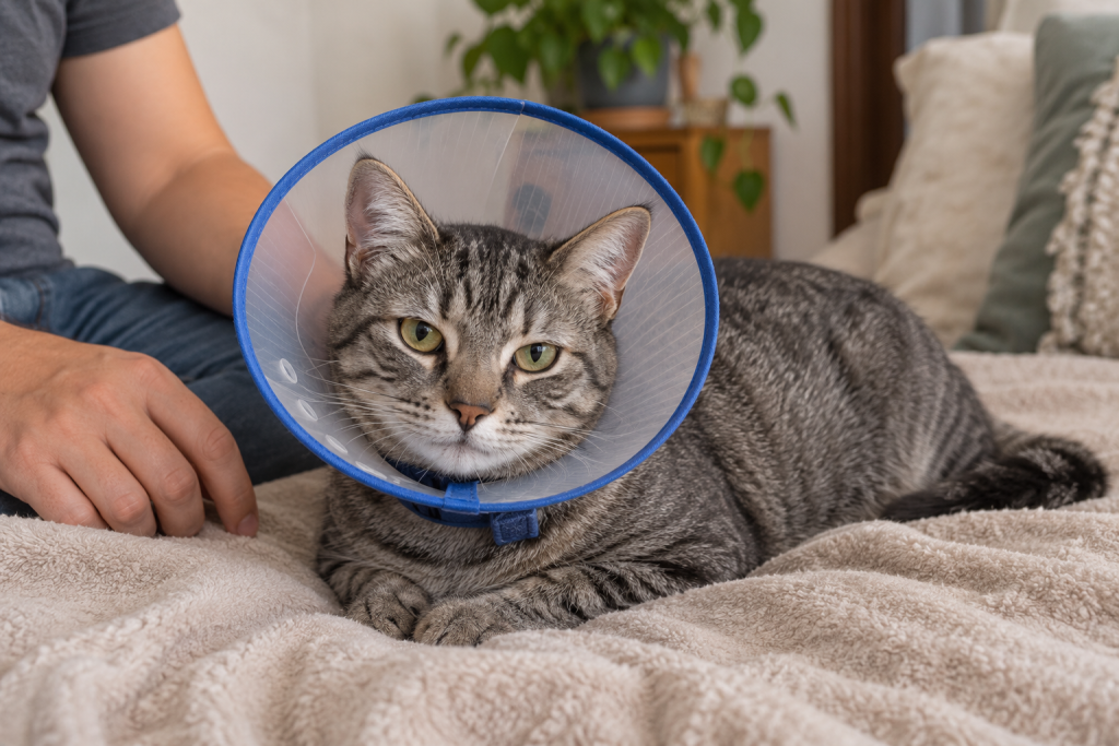 Gato em repouso com colar protetor durante a recuperação.