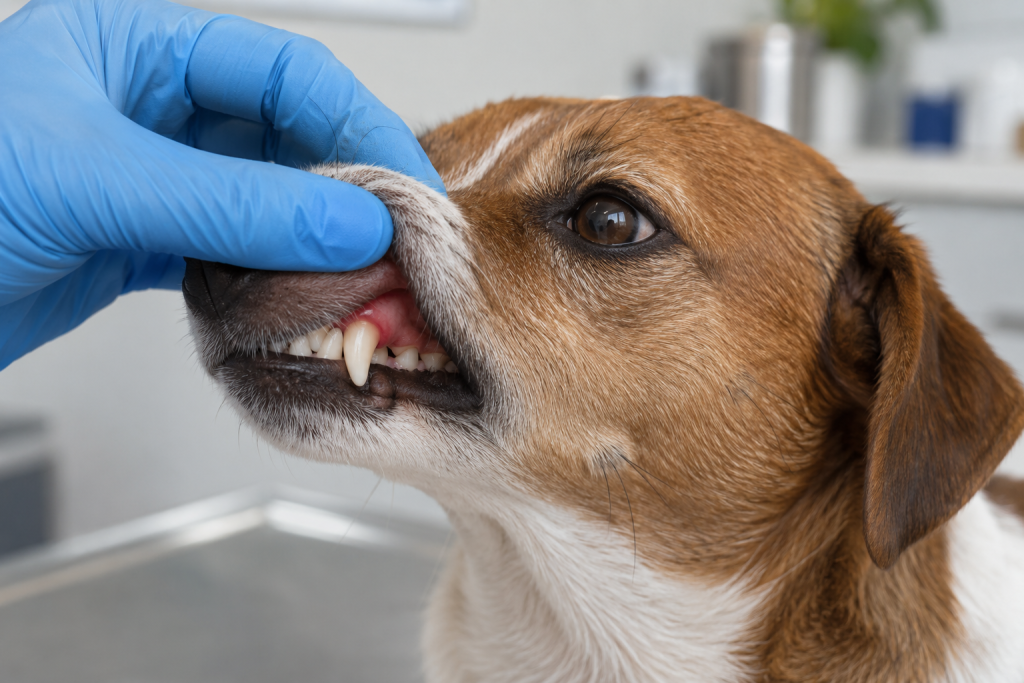 Avaliação veterinária dos dentes e da gengiva de um cão.
