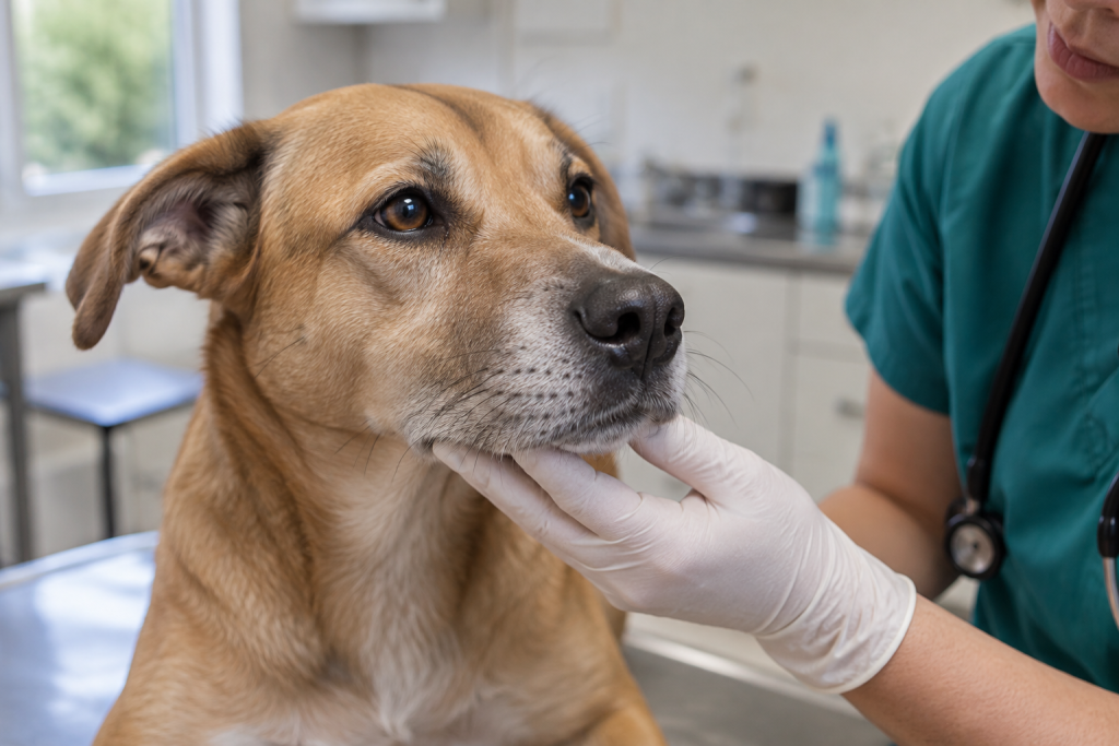 Cão durante avaliação veterinária do focinho.
