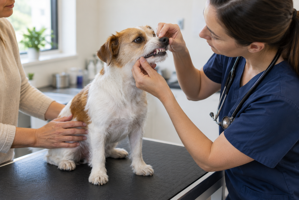 Cachorro durante consulta para avaliação da saúde bucal.